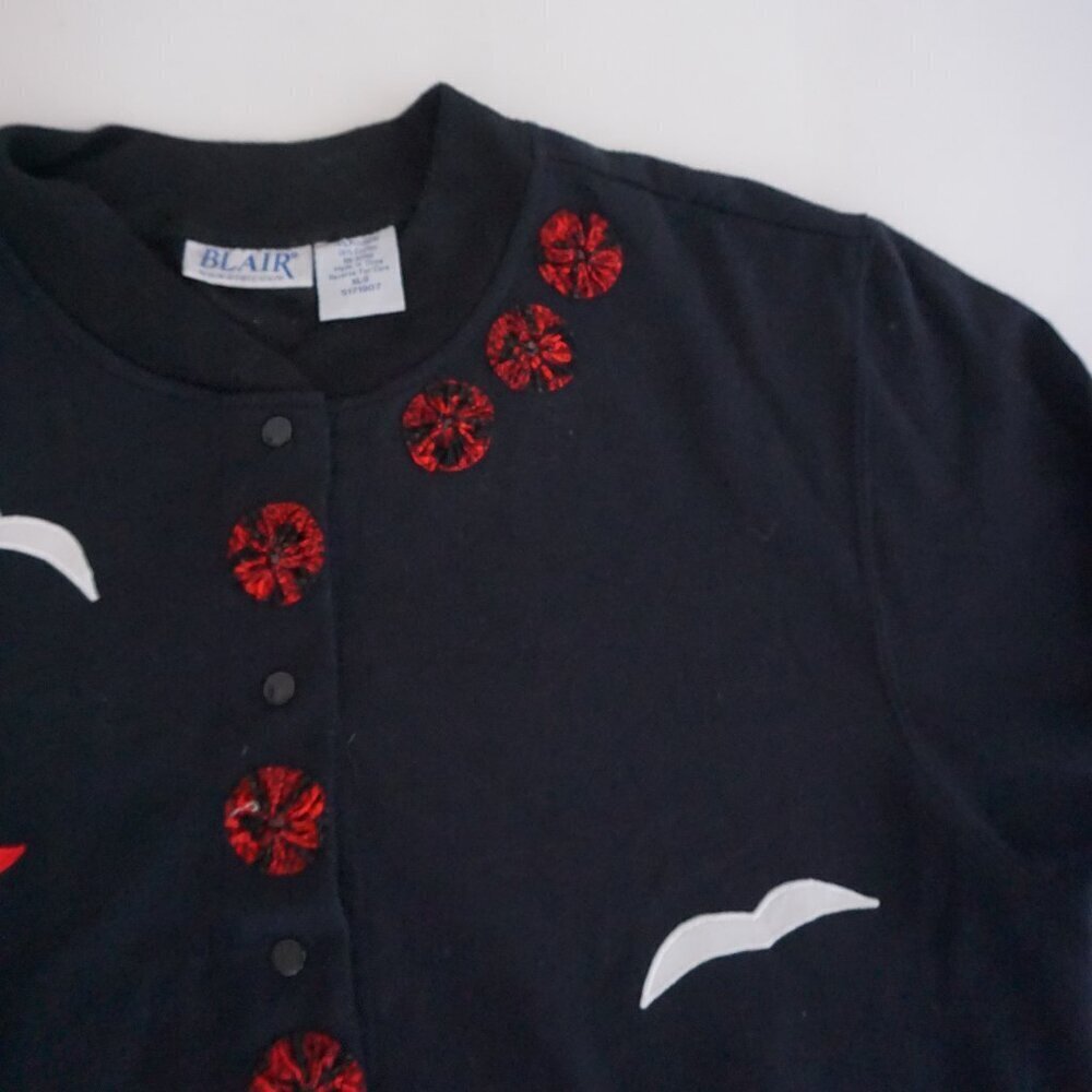 Vintage Blair Black Cotton Cardigan Cardinal Winter Cabincore Grandmacore XL - Picture 6 of 10